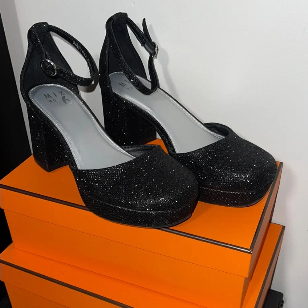Mix no 6 Black Glitter Women's Platform Heels - Picture 1 of 4